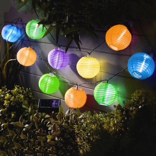 Napelemes lampion fényfüzér (10 db színes lampion, hidegfehér LED, 3,7 m)